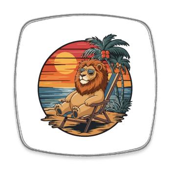 Lion drôle sur le coucher de soleil des vacances d’été sur la plage - Magnet carré - blanc - Devant