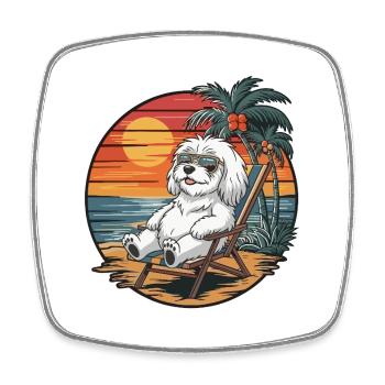 Lustiger Malteserhund am Strand, Sommerurlaub Sonnenuntergang - Viereckiger Kühlschrankmagnet - Weiß - Vorne