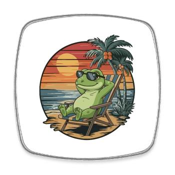 Lézard drôle sur la plage pendant le coucher de soleil des vacances d’été - Magnet carré - blanc - Devant