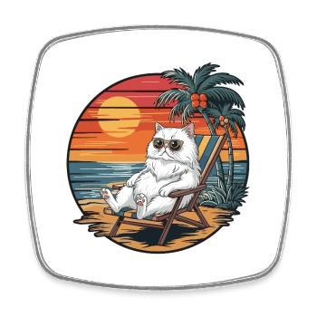 Lustige Perserkatze am Strand, Sommerurlaub Sonnenuntergang - Viereckiger Kühlschrankmagnet - Weiß - Vorne