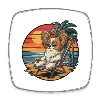 Lustiger Papillon-Hund am Strand, Sommerurlaub Sonnenuntergang - Viereckiger Kühlschrankmagnet - Weiß - Vorne