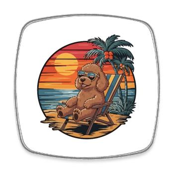 Funny Poodle Dog on Beach Summer Vacation Sunset - Square fridge magnet - white - Front