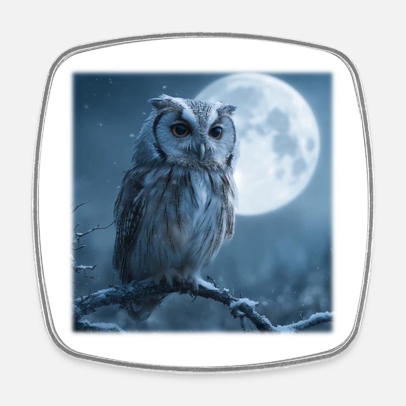 Snow Owl Full Moon Magical Winter Night - Square fridge magnet - white