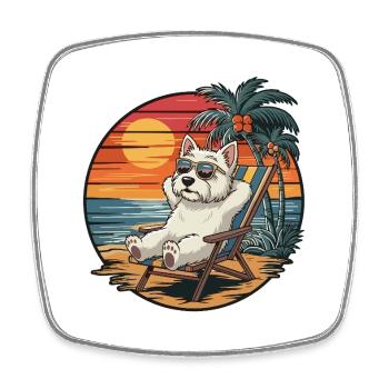 Lustiger Westie-Hund am Strand, Sommerurlaub Sonnenuntergang - Viereckiger Kühlschrankmagnet - Weiß - Vorne