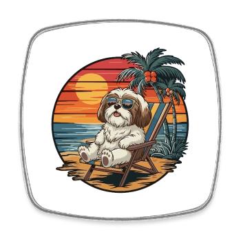 Funny Shih Tzu Dog on Beach Summer Vacation Sunset - Square fridge magnet - white - Front