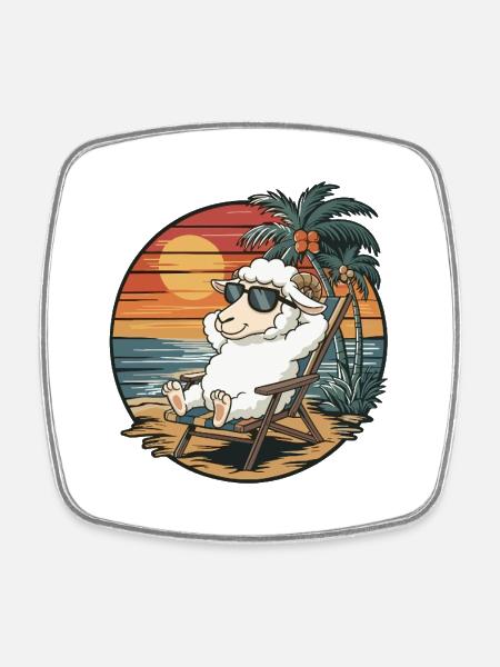 Moutons drôles sur le coucher de soleil des vacances d’été sur la plage - Magnet carré - blanc
