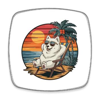 Lustiger Samojed-Hund am Strand, Sommerurlaub Sonnenuntergang - Viereckiger Kühlschrankmagnet - Weiß - Vorne