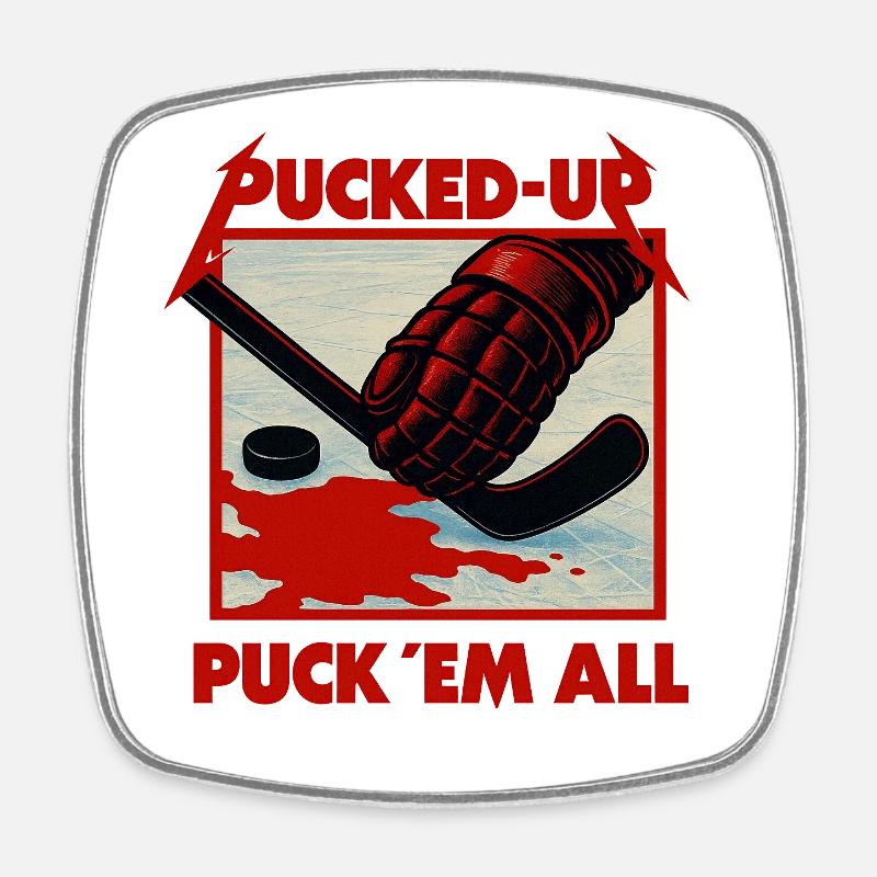 Pucked-Up Blood Red Hockey Graphic - Square fridge magnet - white