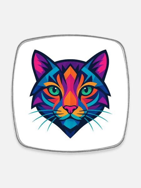 Colorful geometric cat face - Square fridge magnet - white