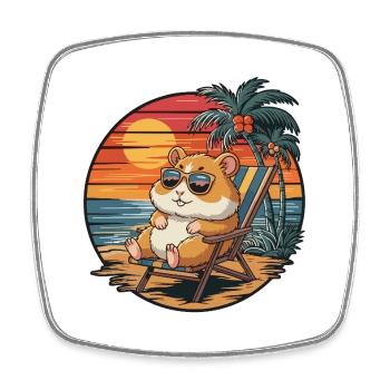 Hamster drôle sur la plage pendant le coucher de soleil des vacances d’été - Magnet carré - blanc - Devant
