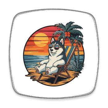Lustiger Husky-Hund am Strand, Sommerurlaub Sonnenuntergang - Viereckiger Kühlschrankmagnet - Weiß - Vorne