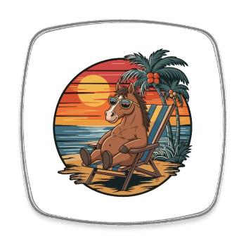 Funny Horse on Beach Summer Vacation Sunset - Square fridge magnet - white - Front