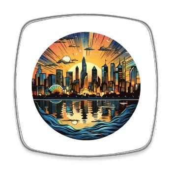 Sonnenuntergangsstadt am Wasser - Viereckiger Kühlschrankmagnet - Weiß - Vorne