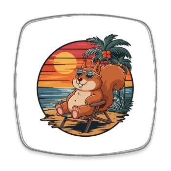 Funny Squirrel on Beach Summer Vacation Sunset - Square fridge magnet - white - Front