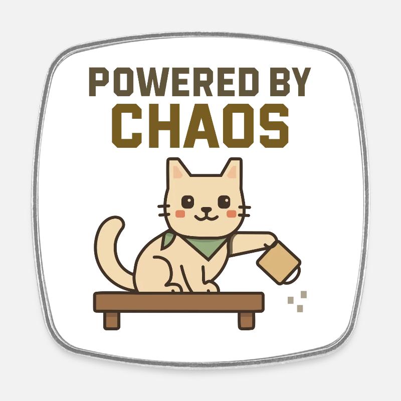 Powered by Chaos - Cheeky Cat Knocks Coffee Over - Square fridge magnet - white