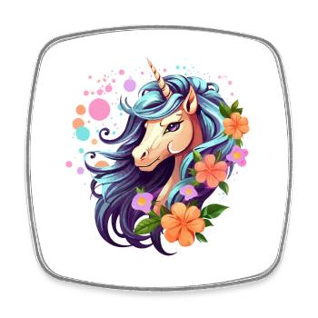 Licorne bleue avec couronne florale - Magnet carré - blanc - Devant