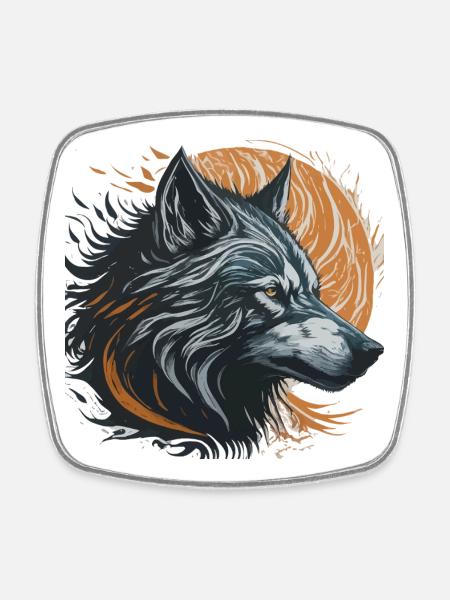 Black Wolf Under Golden Moon - Square fridge magnet - white