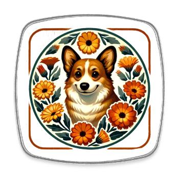 Corgi Floral Circle Folk Art - Square fridge magnet - white - Front