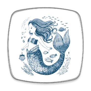 Blue Mermaid in Vintage Lineart Style - Square fridge magnet - white - Front