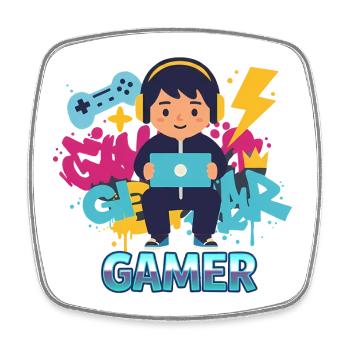 Gamer Kid mit Gamepad und Kopfhörern - Viereckiger Kühlschrankmagnet - Weiß - Vorne