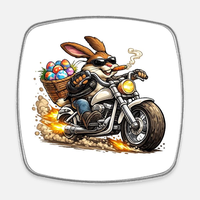 Osterhäschen auf Motorrad - Viereckiger Kühlschrankmagnet - Weiß