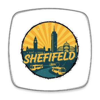 Sheffield City Skyline Vintage Straßenbahnabzeichen - Viereckiger Kühlschrankmagnet - Weiß - Vorne