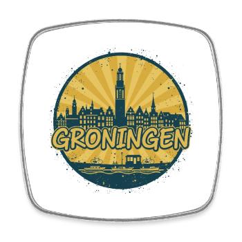 Groningen City Skyline Vintage-Abzeichen - Viereckiger Kühlschrankmagnet - Weiß - Vorne
