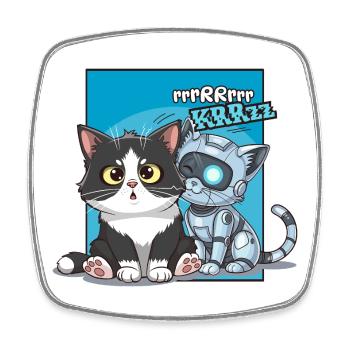 Katze und Roboter, Humor, Cartoon, Comics - Viereckiger Kühlschrankmagnet - Weiß - Vorne