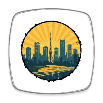 Tokyo City Skyline Tokyo Tower Retro-Abzeichenkunst - Viereckiger Kühlschrankmagnet - Weiß - Vorne