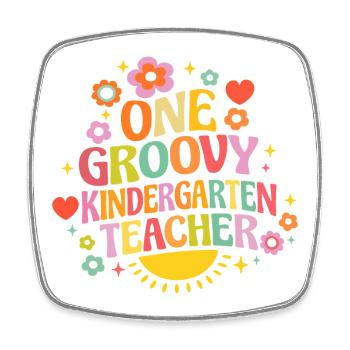 Groovy kindergarten teacher with heart and flowers - Square fridge magnet - white - Front