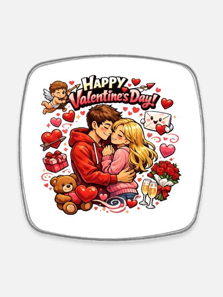 Valentine's Day Love Couple Hug Design - Square fridge magnet - white