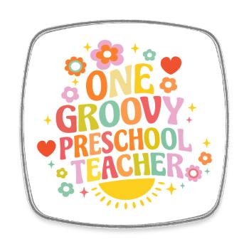 Groovy preschool teacher with heart and flowers - Square fridge magnet - white - Front