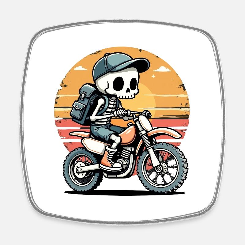 Skeleton on motorcycle in sunset - Square fridge magnet - white