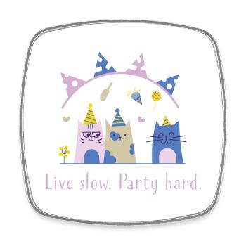 Live slow, party hard – Süße Katze Statement - Viereckiger Kühlschrankmagnet - Weiß - Vorne