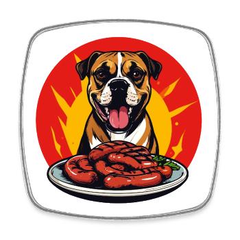 Dog with sausage plate fun grilling sausages motif - Square fridge magnet - white - Front