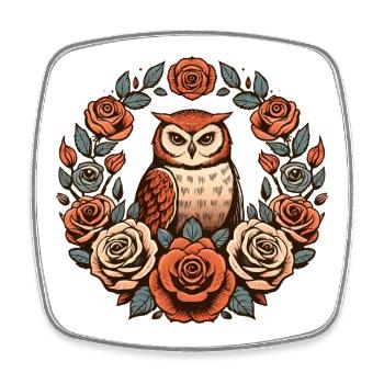Cercle floral de la chouette dans les roses - Magnet carré - blanc - Devant