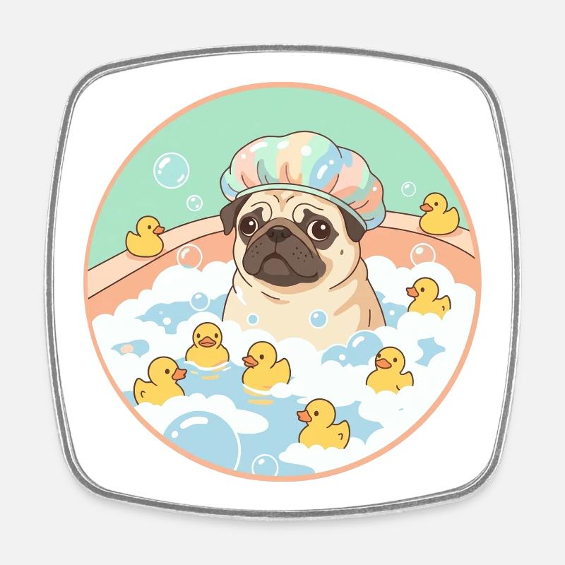 Pugs having fun in the bath - Square fridge magnet - white