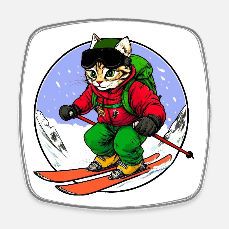 Skifahrer Katze Freeride - Viereckiger Kühlschrankmagnet - Weiß