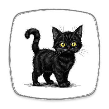Chat noir mignon - Illustration réaliste - Magnet carré - blanc - Devant