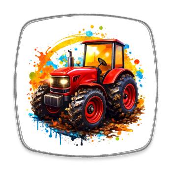 Roter Traktor mit Farbspritzern  - Viereckiger Kühlschrankmagnet - Weiß - Vorne