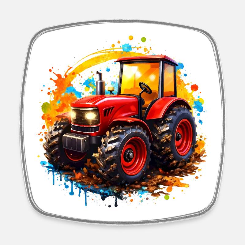 Roter Traktor mit Farbspritzern  - Viereckiger Kühlschrankmagnet - Weiß