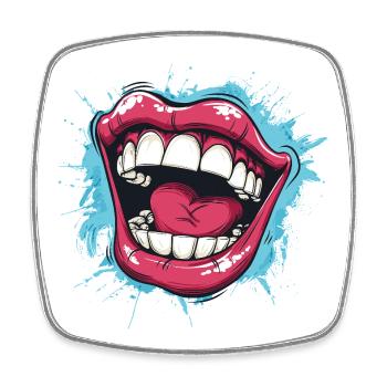 Lachender Cartoon, Mund weit offen und rote Lippen - Viereckiger Kühlschrankmagnet - Weiß - Vorne