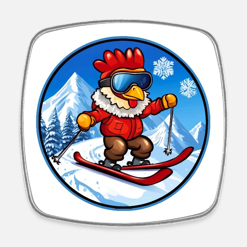 Huhn Ski - Viereckiger Kühlschrankmagnet - Weiß