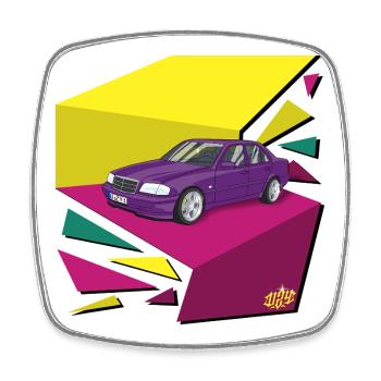 Lila Auto im Neon-Geomuster  - Viereckiger Kühlschrankmagnet - Weiß - Vorne