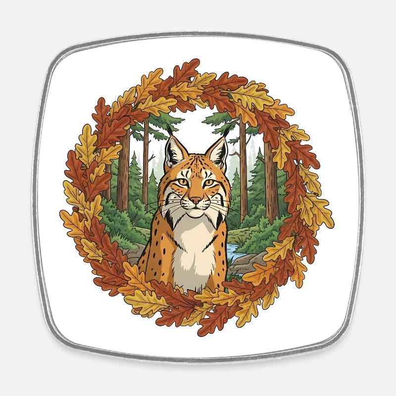 Autumnal lynx in the forest wreath - Square fridge magnet - white
