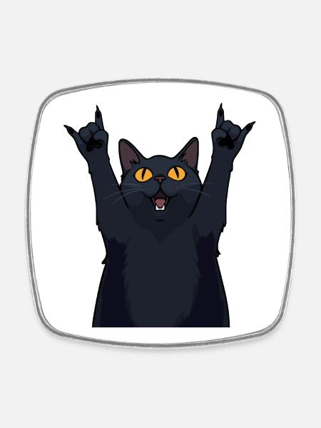 Metal Cat – Black Cat Shows Horns - Square fridge magnet - white