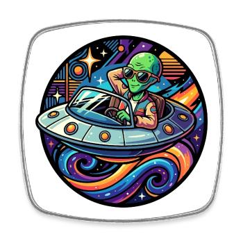 Cool Alien in Convertible UFO Neon Space Fun Motif - Square fridge magnet - white - Front