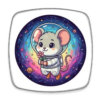 Mouse in astronaut suit with flower in space - Square fridge magnet - white - Front