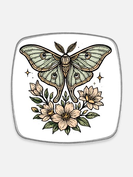 Moth with flower bouquet - Square fridge magnet - white