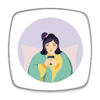 Pastel tired girl with tea in cozy corner - Square fridge magnet - white - Front